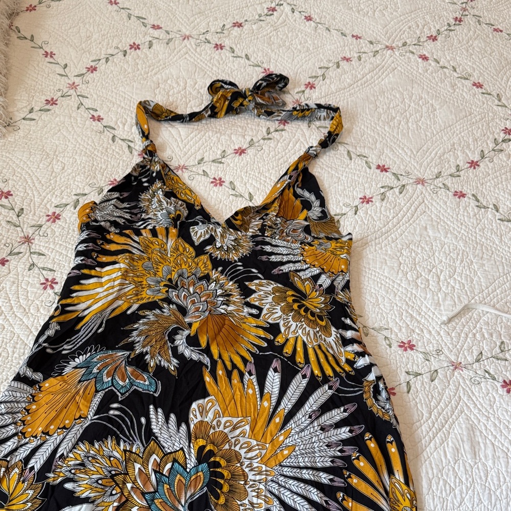 Black & Mustard Floral Halter Midi Dress - Unbranded